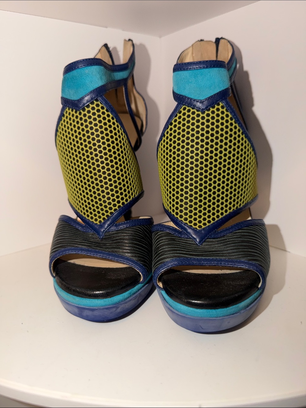 Jimmy Choo Blue and Lime Mesh Open-Toe Platform Heels